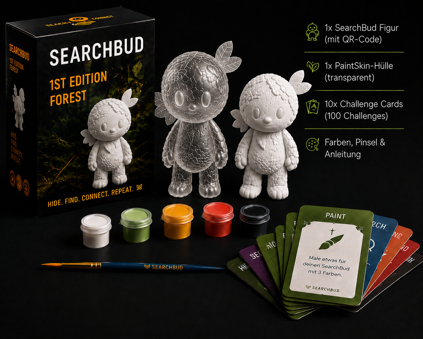 SearchBud Starter Kit — Figur, PaintSkin-Hülle, Farben, Pinsel, Challenge Cards